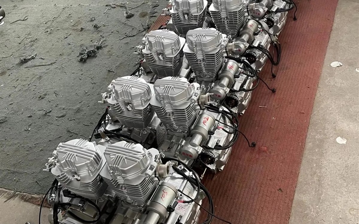 Motorcycle engines arranged before shipment